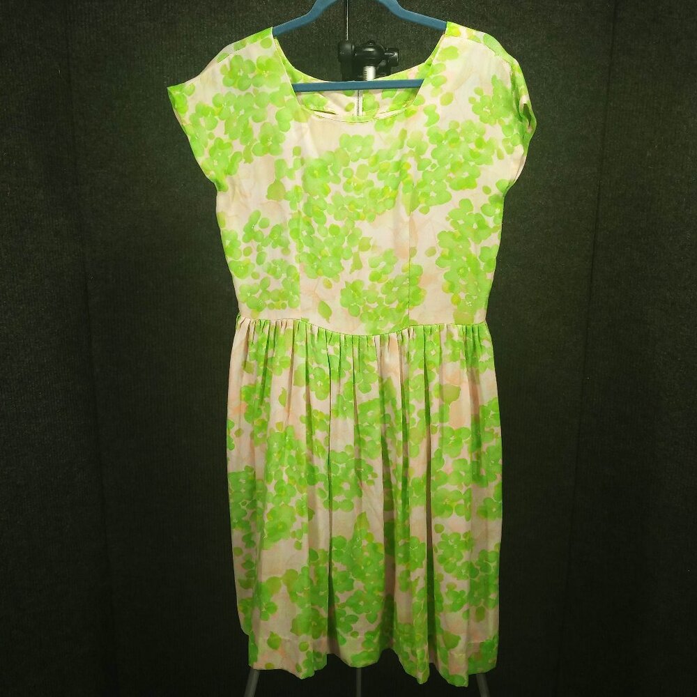 1960's Green, White, and Orange Floral Print Dress